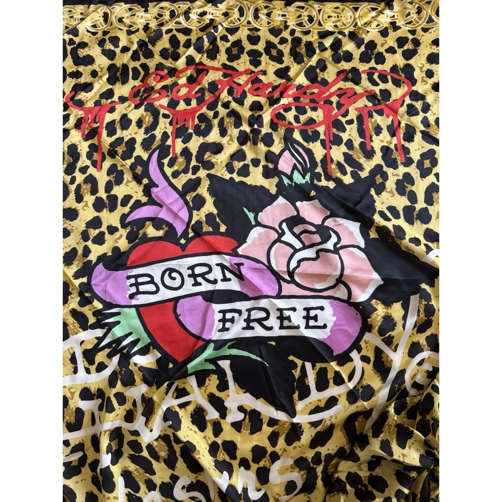 Ed Hardy Scarf‎ Womens O/S Yellow Leopard Born Free Tattoo Graphic Square Wrap